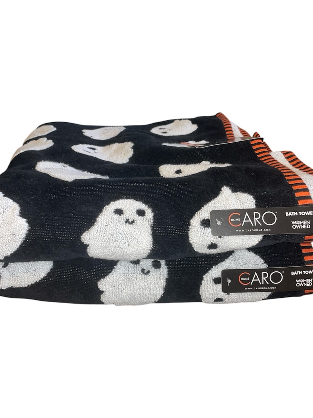 CARO Home Halloween White Ghosts Bath Towels Set of 2 Orange Black White NWT